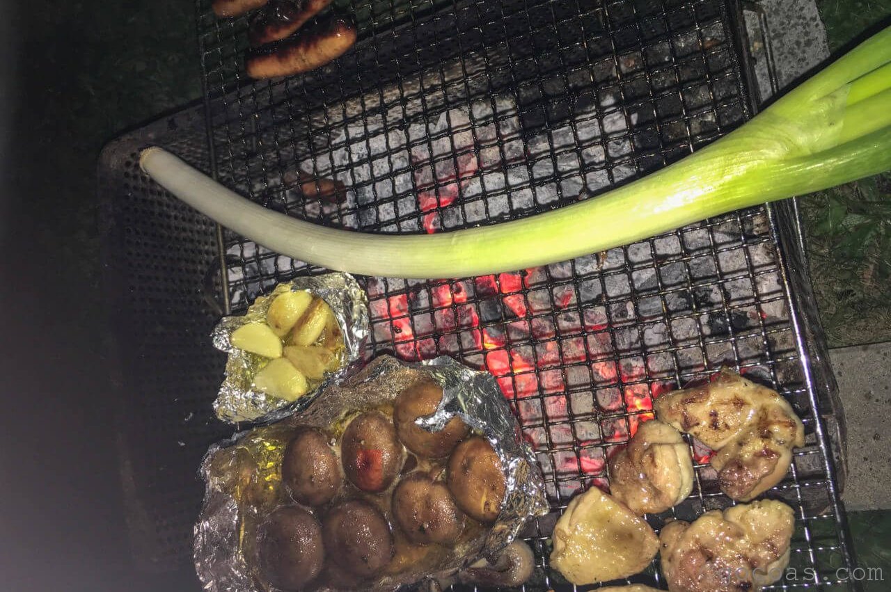 キャンプで野菜を炭火で焼いている