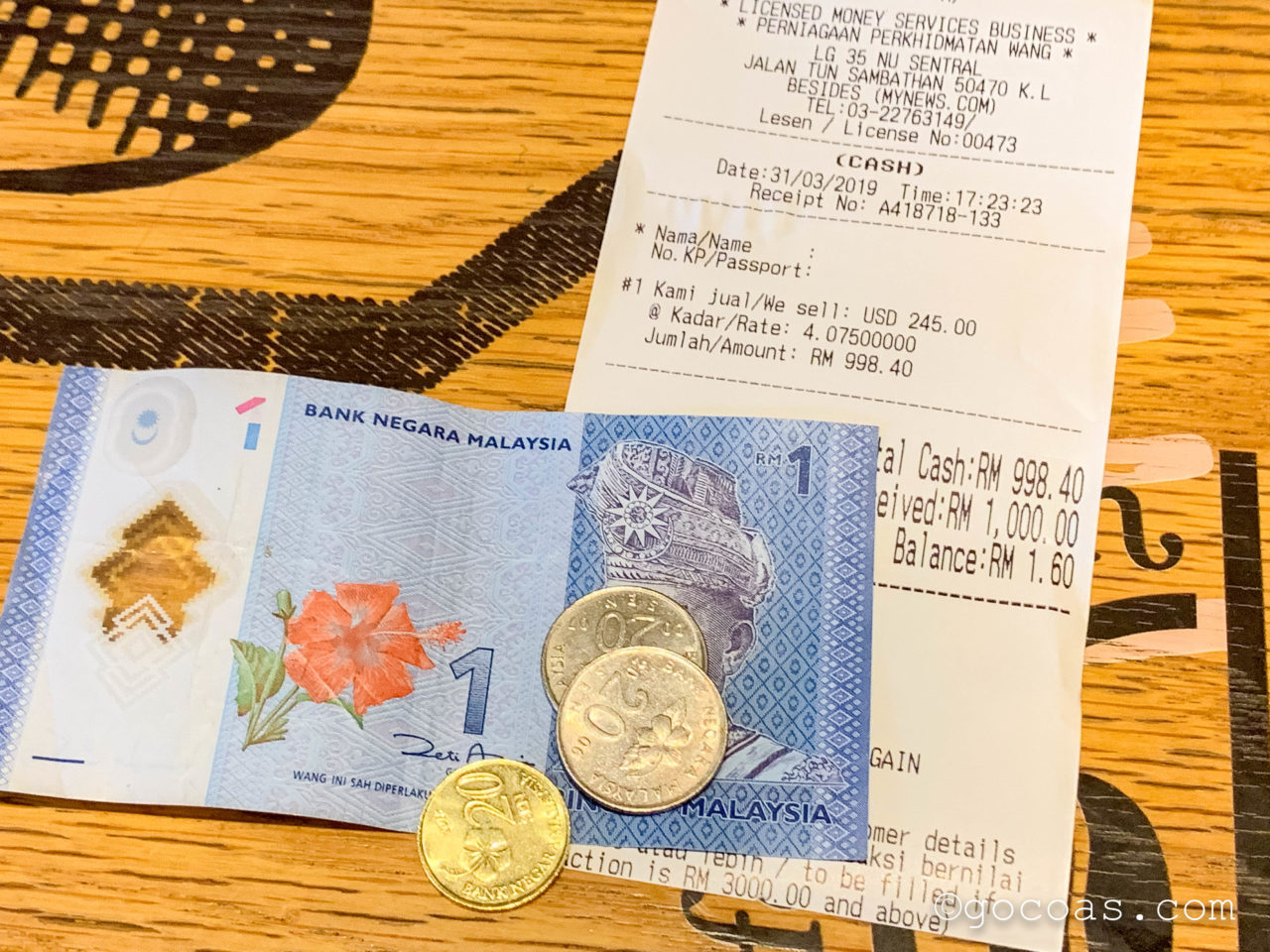 NU Sentral内の両替所で両替した米ドルのレシートとマレーシアリンギットの残り